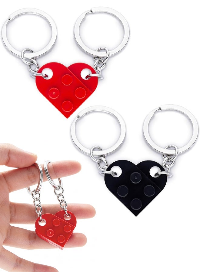2Pairs Couple Heart Keyring, Matching Brick Heart Keychain for Him and Her, Gift for Anniversary, Valentine's Day or Birthday, 2-in-1 Interlocking Couples Keyrings(Red & Black) - Image 1